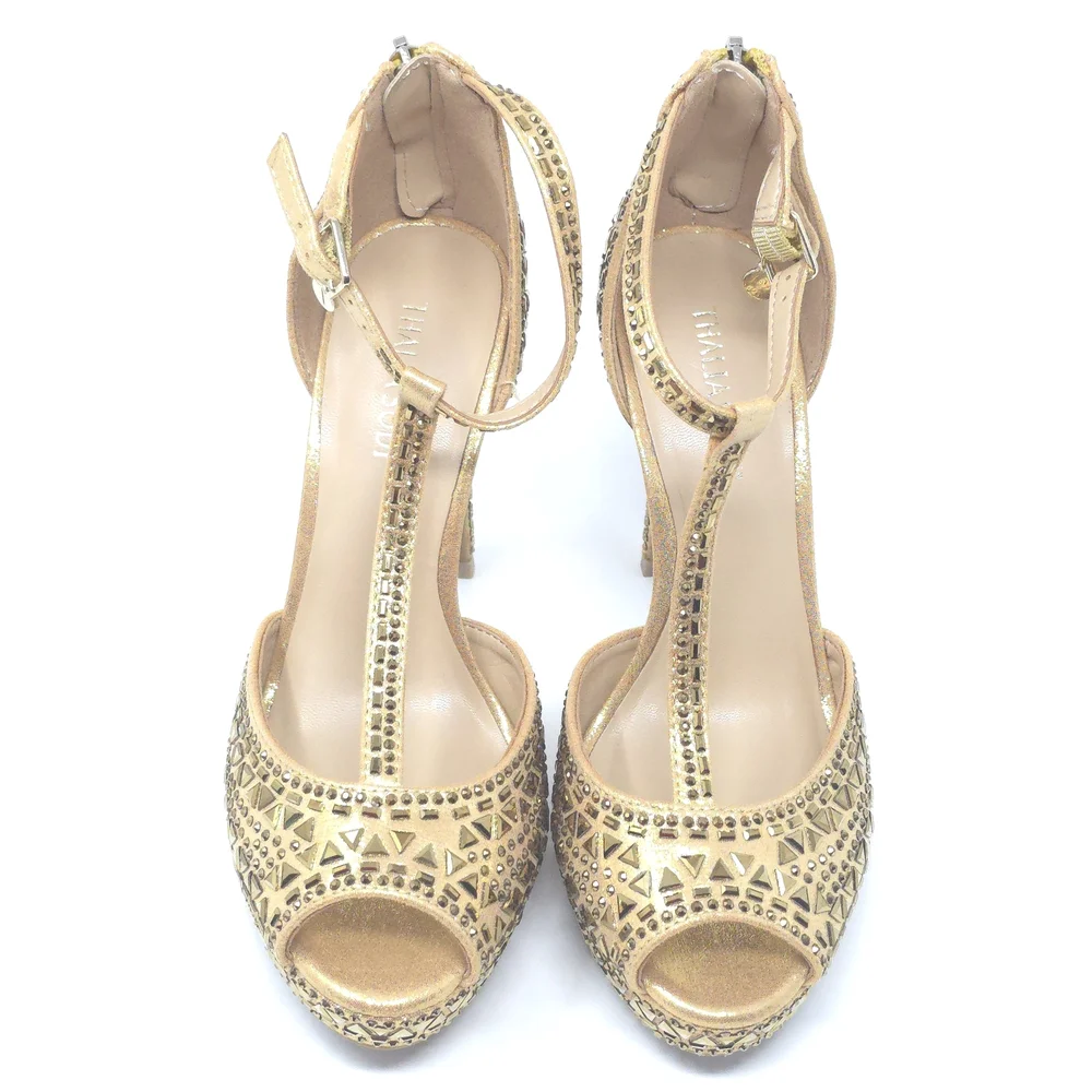 Thalia Sodi Chacey Gold Embellished T-Strap Platform Sandals Women’s 7W - Picture 7 of 12